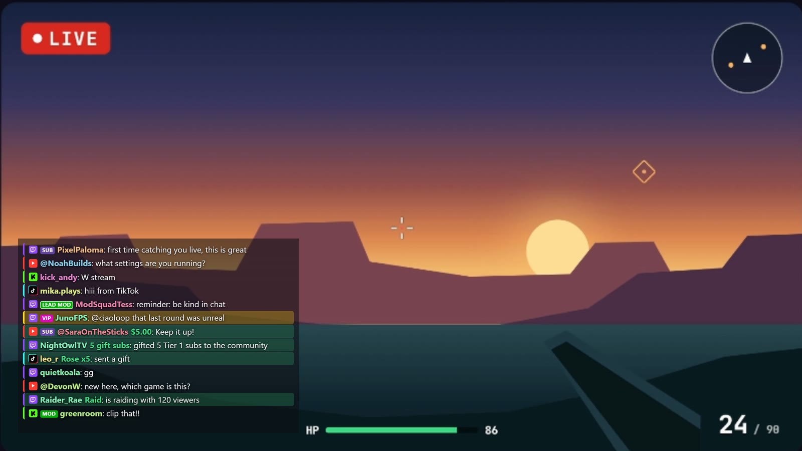 Chatskee locked over a game: a translucent chat panel in the corner showing messages from four platforms, with paid events highlighted